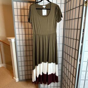 NWT LuLaRoe Riley Olive Green and Burgundy Colorblock Maxi Dress